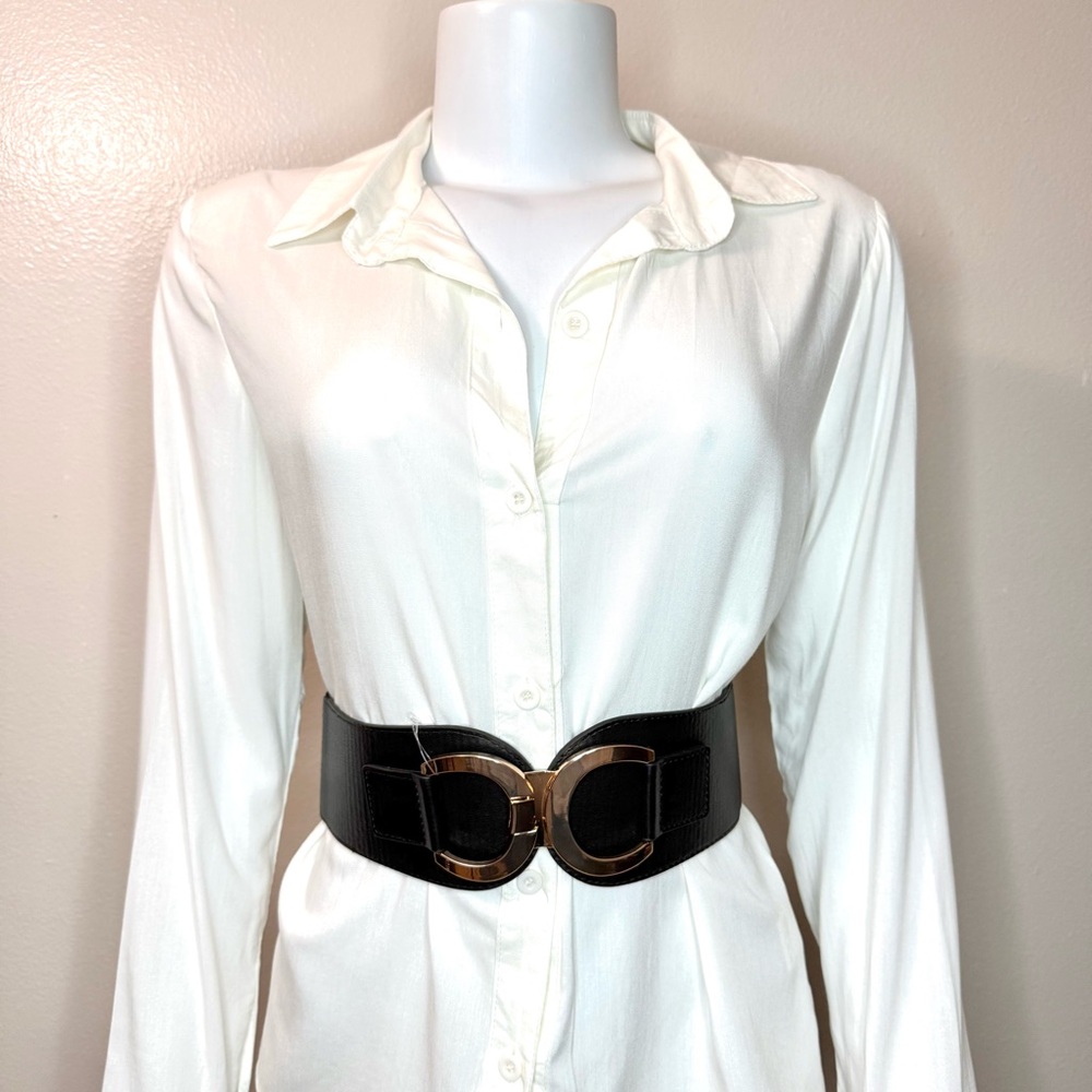 Black PU leather elastic waistband belt belt with gold tone buckle
